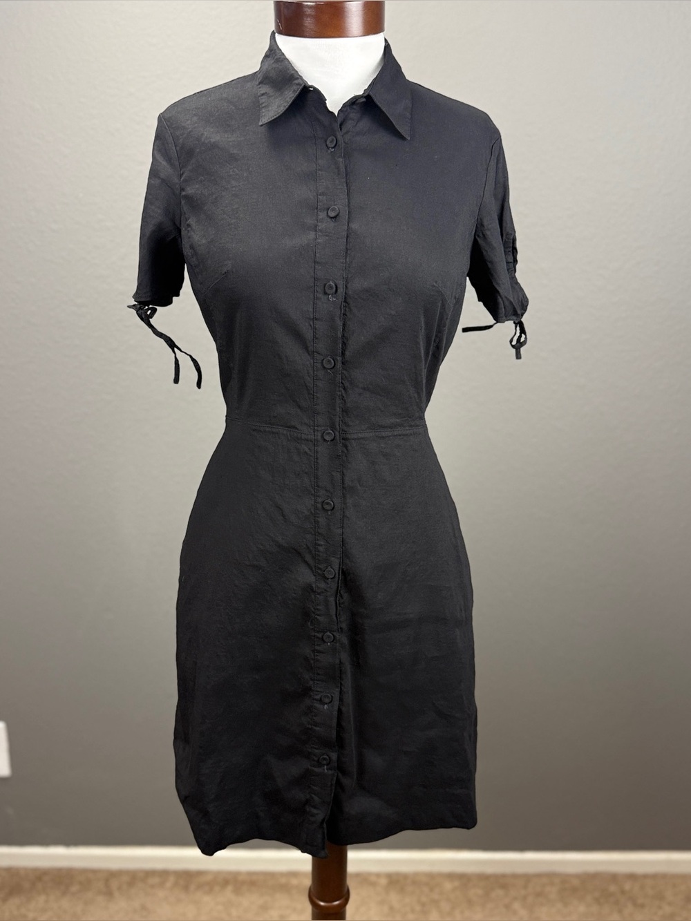 Theory Eco Crunch Wash Linen Black Shirt Dress Sz 4 Women's Button Front Fitted